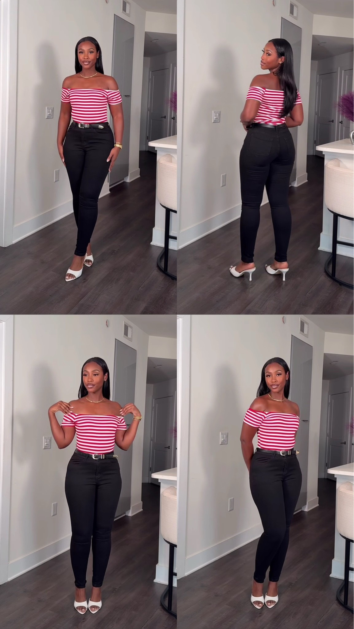 Red stripes, black pants, and a white heel will never miss 🤍❤️
Simple, flattering, and easy to dress up for brunch, date night, or a cute day out. The off-the-shoulder top gives just enough feminine energy while the black skinnies keep it sleek every time ✨

#LTKgrwm #LTKdayinmylife #LTKootd