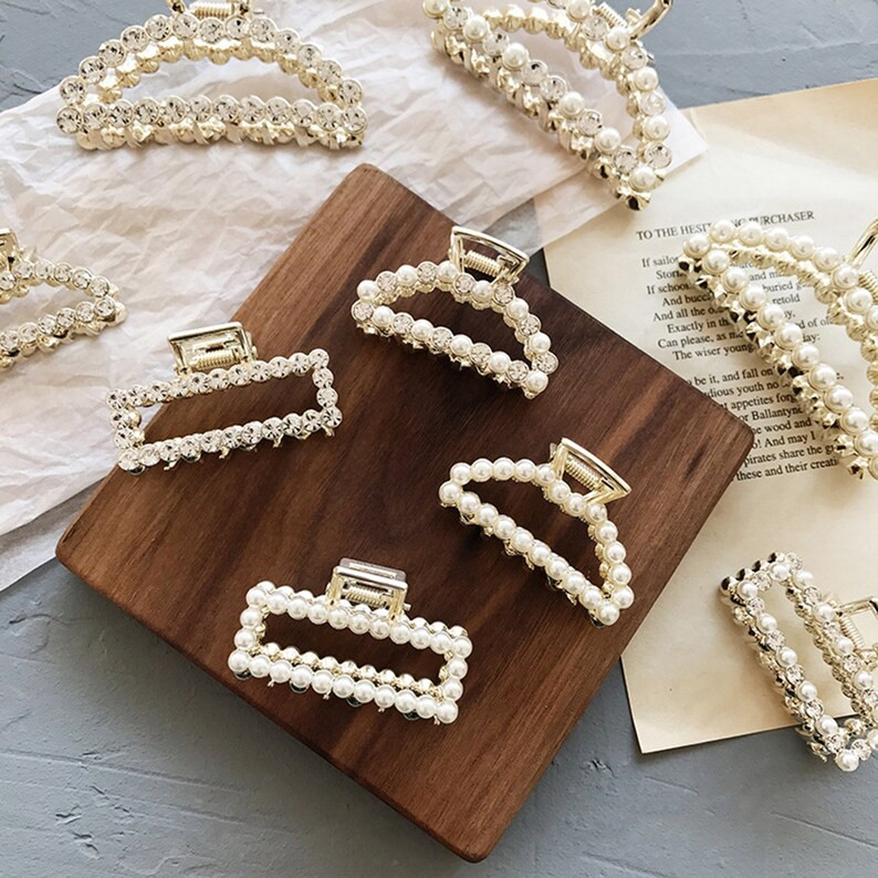 Luxury Pearl Rhinestone Hair Claws Metal Hair Claw Geometric - Etsy | Etsy (US)