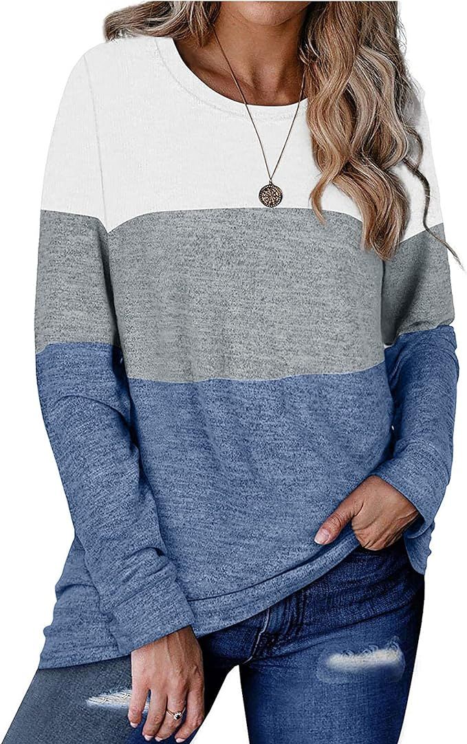 JULYCLO Women's Crew Neck Sweatshirts Color Block Long Sleeve Loose Casual Tops | Amazon (US)