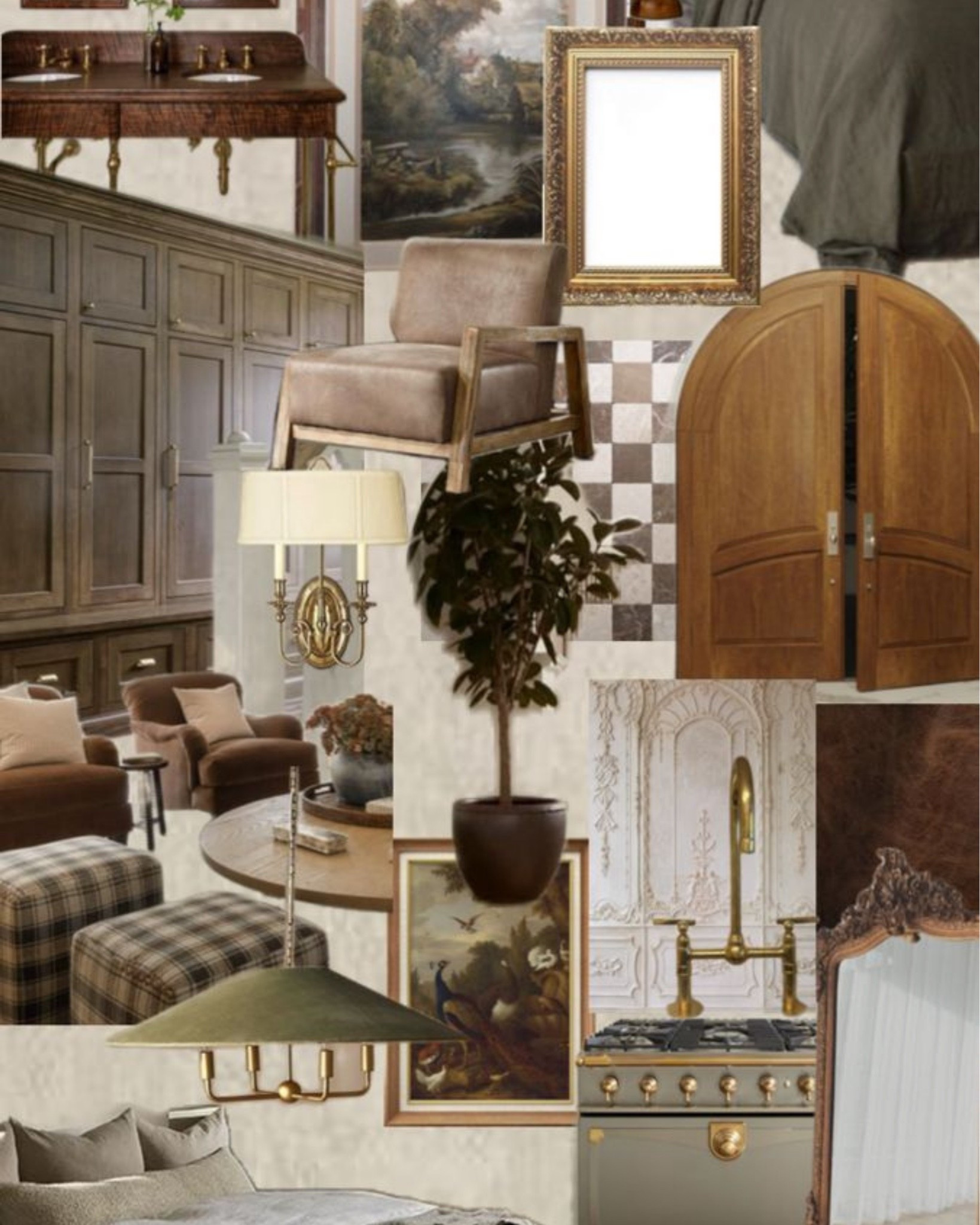 A room layered with pattern, wood, and warmth. Rich wood cabinetry, a gallery of framed art, a plaid accent chair, and brass sconces, the kind of layering that takes a room from decorated to genuinely collected.

Shop the pieces here! #LTKhome