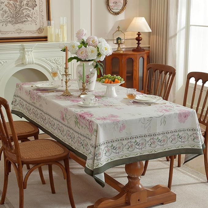 Designer French Linen Blend Tablecloth for Rectangle Table, Wrinkle Resistant Vintage Floral Tabl... | Amazon (US)