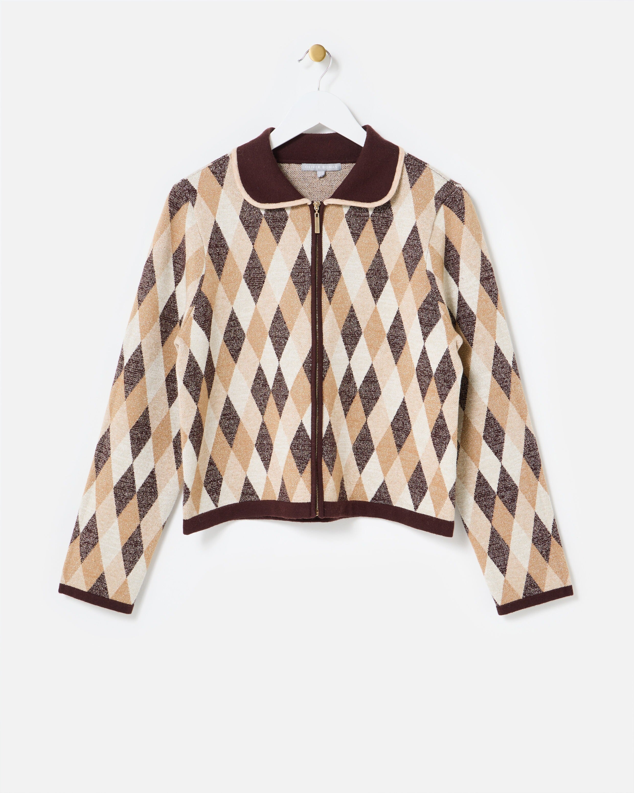 Brown & Cream Diamond Sparkle Zip Up Cardigan | Oliver Bonas | Oliver Bonas (Global)