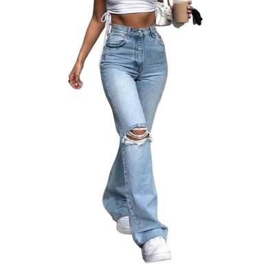 Coolmee Women's Ripped High Waisted d Jeans Wide Leg Destroyed Denim Pants Light Blue S | Target