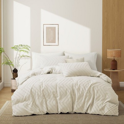 Peace Nest Tufted Microfiber Clipped Duvet Cover Set with Zipper Closure & Corner Ties, Cream, King | Target