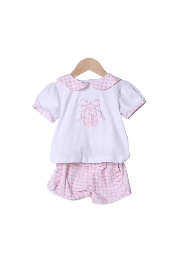 Tiny Dancer Applique Pink Gingham Ruffle Short Set | The Smocked Flamingo
