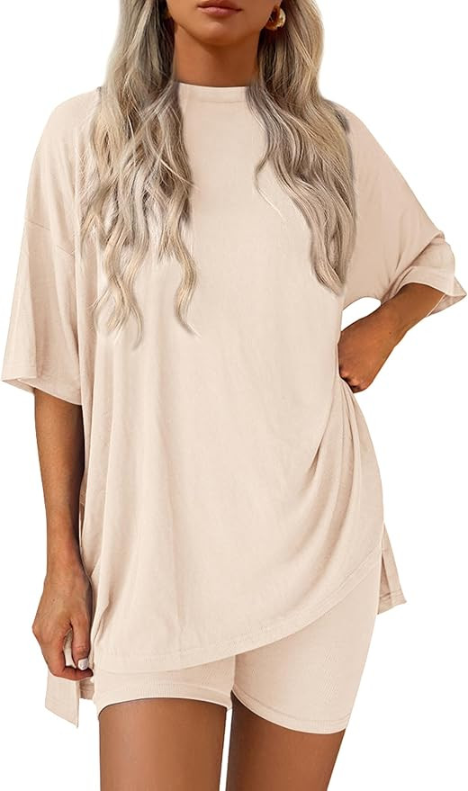 PRETTYGARDEN Women 2 Piece Lounge Set 2026 Summer Casual Oversized Shirts Biker Shorts Matching A... | Amazon (US)