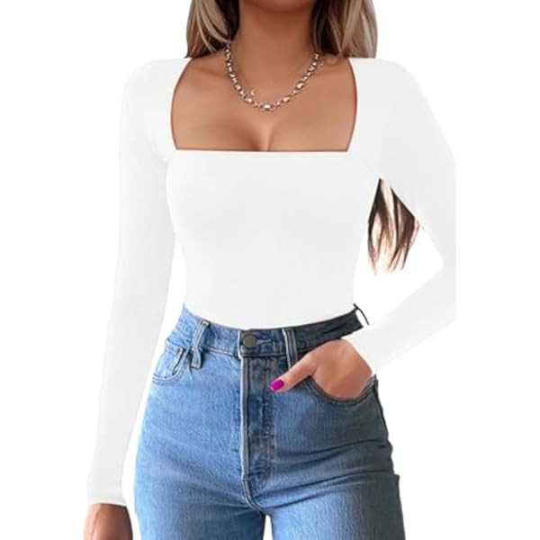 PUMIEY Women's Square Neck Long Sleeve Bodysuit Sexy Body Suit Tops Smoke Cloud Pro Collection | Amazon (US)