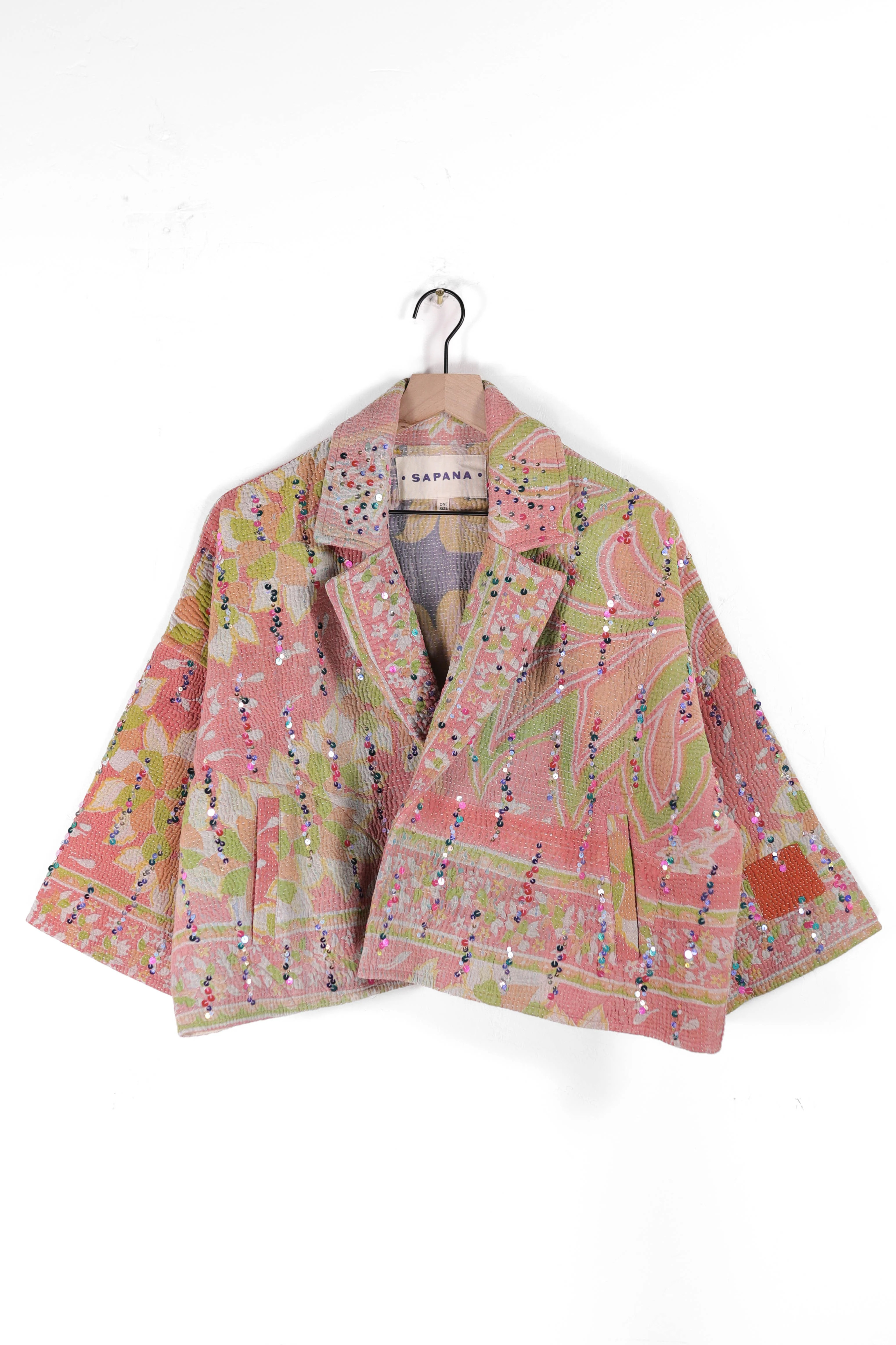 Tara Crop Jacket – Vintage Kantha Blanket Coat with Bell Sleeve & Sequin Detail | Sapana | Sapana
