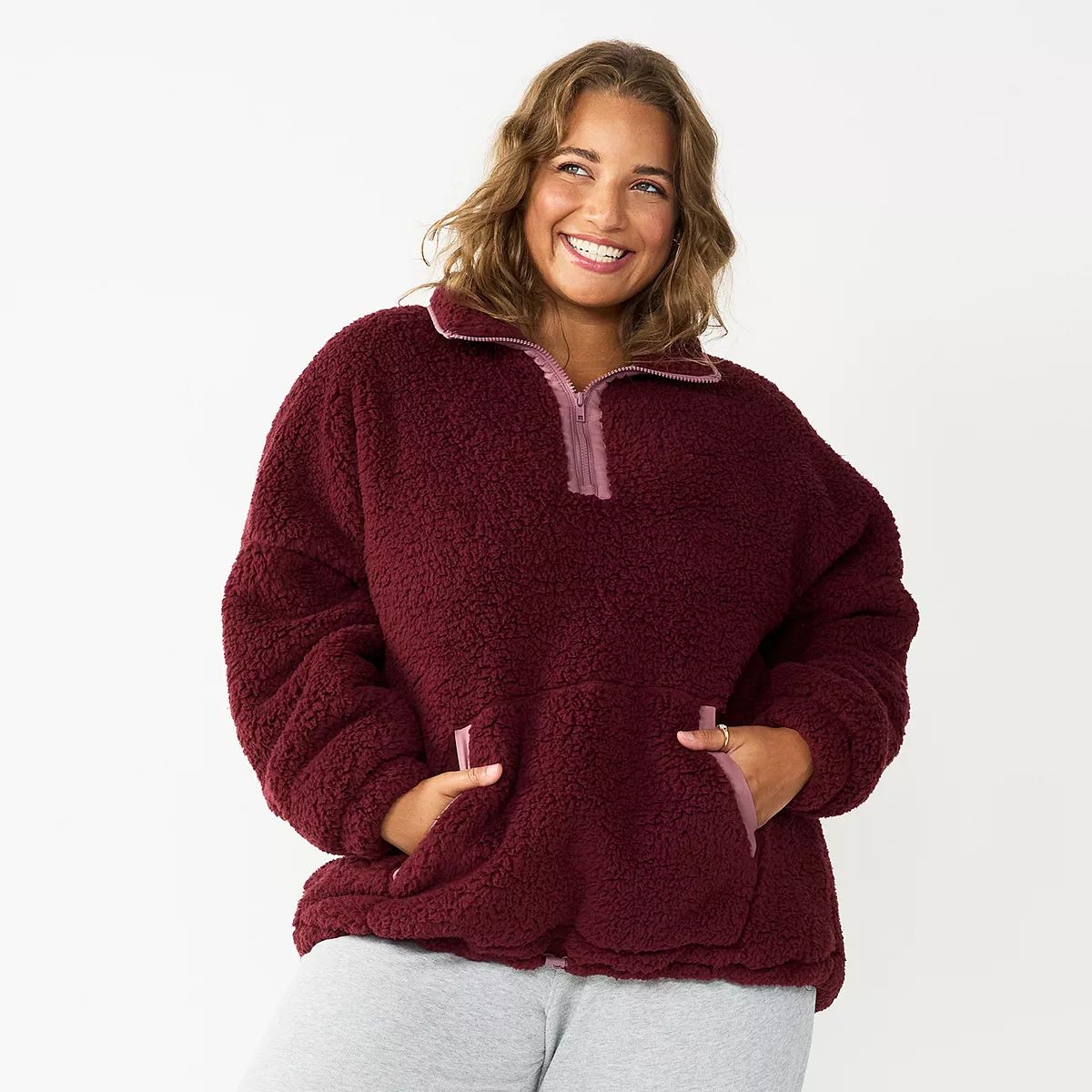 Juniors' Plus Size SO® Quarter Zip Sherpa Jacket | Kohl's