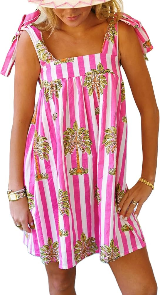 Women Boho Floral Mini Dress Tie Shoulder Babydoll Dress Square Neck Flowy Sundress Summer Going ... | Amazon (US)