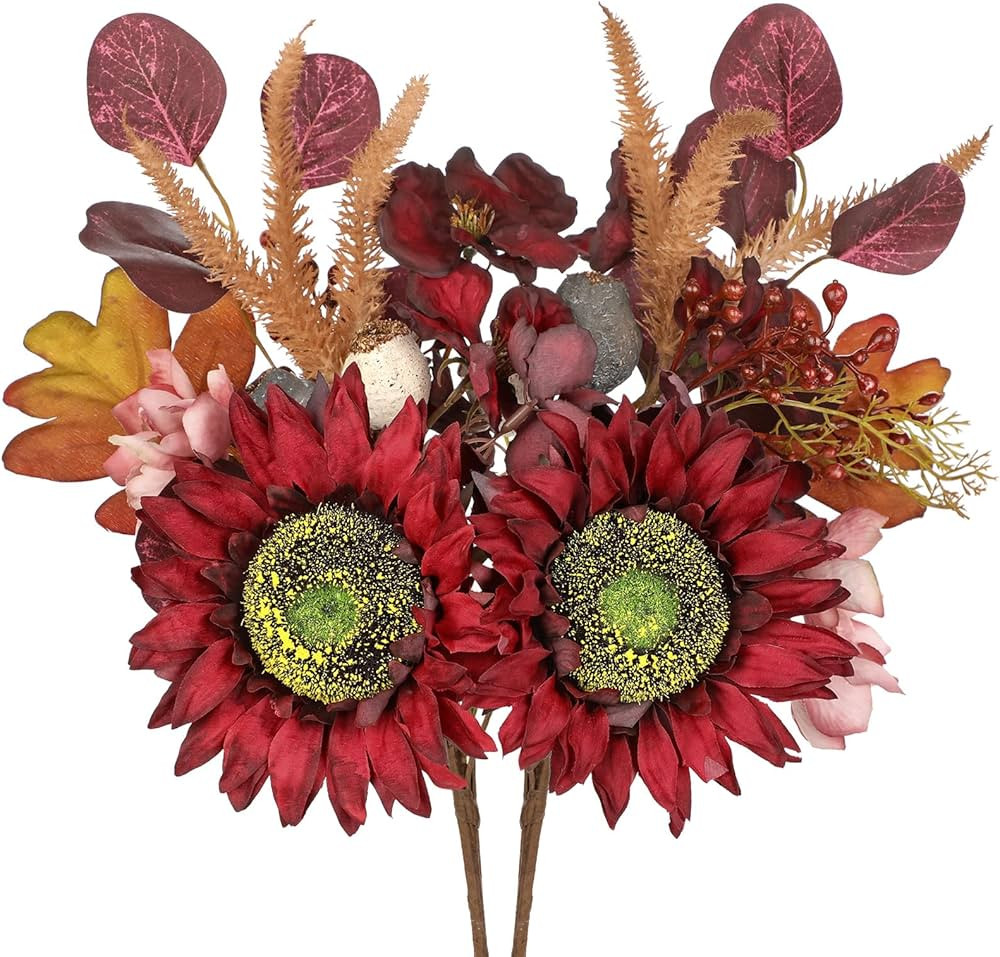 Fall Floral Stems, 2 Bundles Dark Red Sunflowers Artificial Flowers 13.7 inch Silk Fake Fall Flow... | Amazon (US)