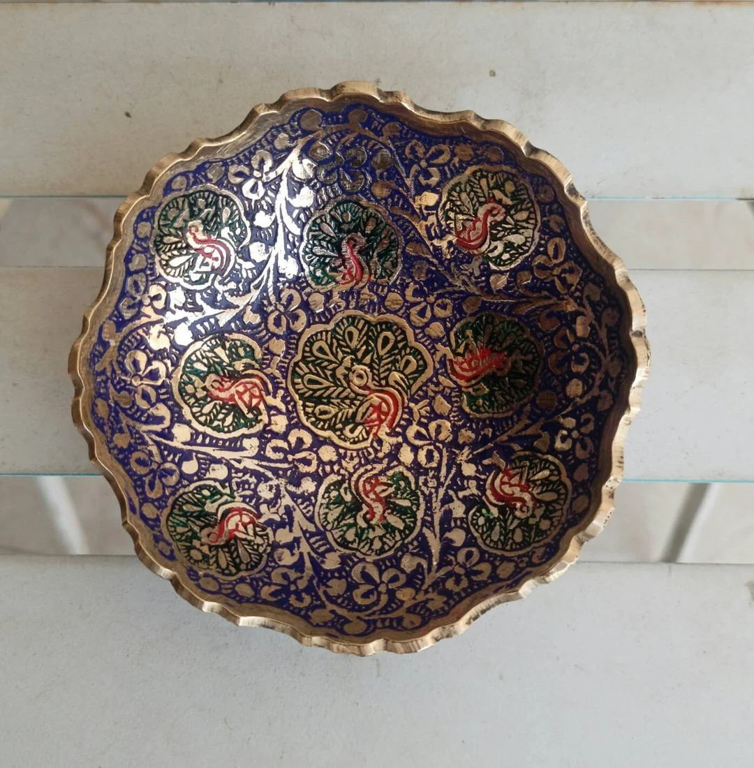 4 Inch BRASS DECORATIVE BOWL | Dry Fruit Bowl Bidri Work - Beautiful Blue Color Peacock Design Ki... | Etsy (US)