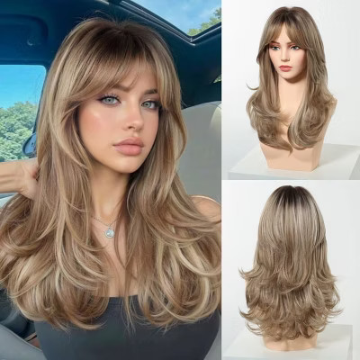 Long Wavy Layered Wigs Honey Brown Hair With Side Bangs For Women Daily Heat Resistant Natural Synthetic Wigs  22 | Target