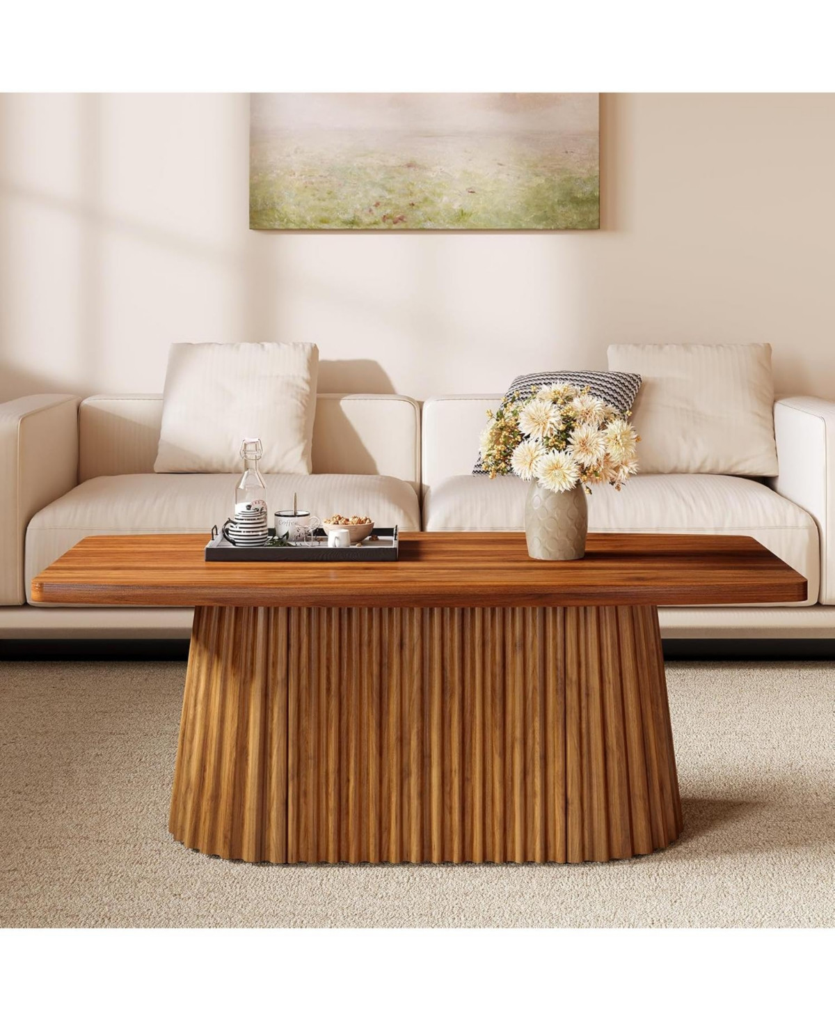 Tribesigns Farmhouse Coffee Table with Rounded Short Edges, 47.24 Inches Accent Center Table with Pleated Base & Large Tabletop, Wooden Furniture - Br | Macy's
