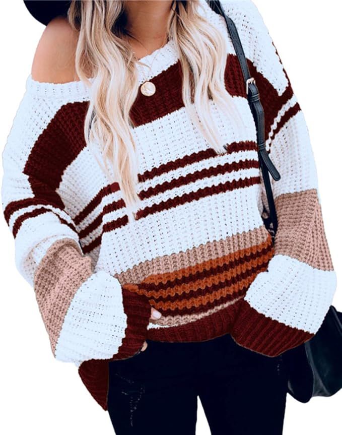 KIRUNDO Women’s Stripe Color Block Short Sweater Long Sleeves Stitching Color Round Neck Loose ... | Amazon (US)