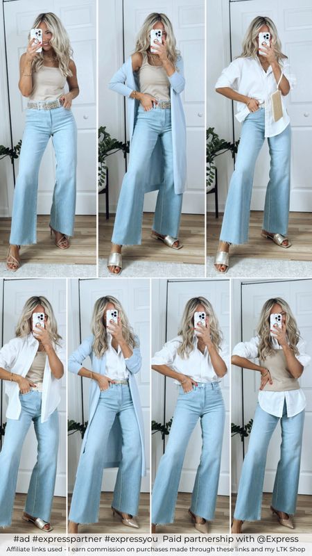 #ad 3-3-3 CHALLENGE! 
#expresspartner #expressyou   
Paid partnership with @Express 
Sizing info:
- Light wash wide leg jeans run TTS, wearing a 4 (regular length)
- White button up shirt runs TTS (it’s meant to be an oversized fit), wearing a small
- Body contour tank runs TTS, wearing a small
- Duster cardigan runs TTS, wearing a small 
- All shoes and belts run TTS 