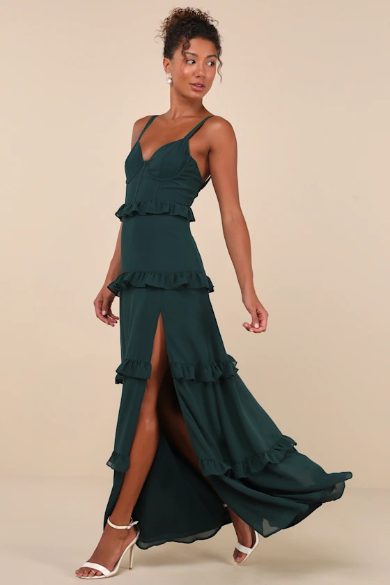 Sincerely Poised Emerald Backless Bustier Tiered Maxi Dress | Lulus