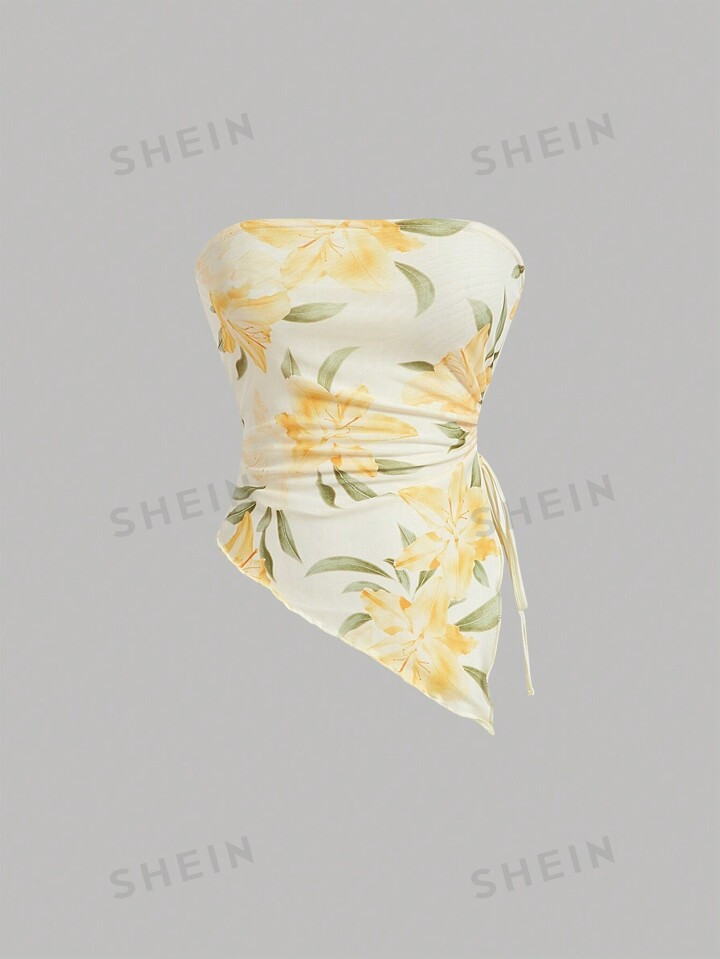 SHEIN MOD Women's Floral Pattern Asymmetrical Hem Strapless Top | SHEIN