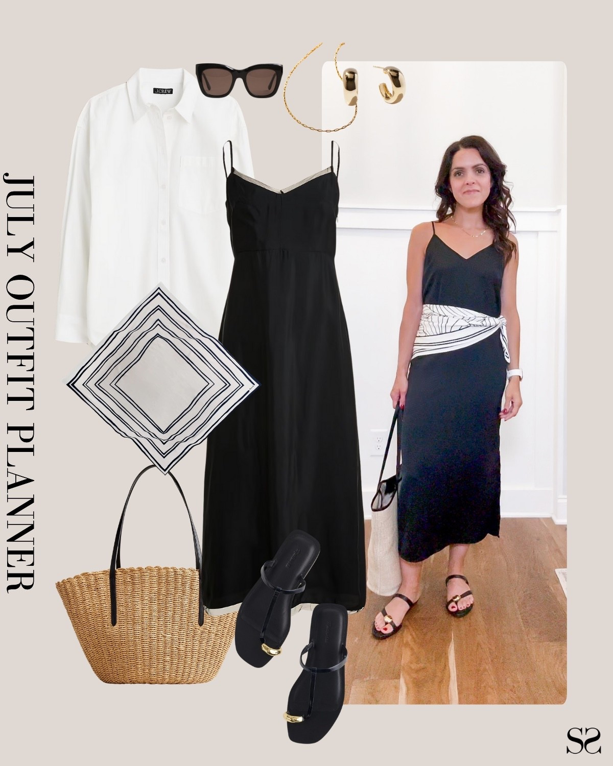 Planner to Person | Monthly outfit planner JULY: What I planned vs. how it’s worn: Summer looks, revisit + rework  outfit inspo | slip dress, white button up, scarf, woven basket, black sandals 

#summeroutfit #casualstyle 



#LTKStyleTip