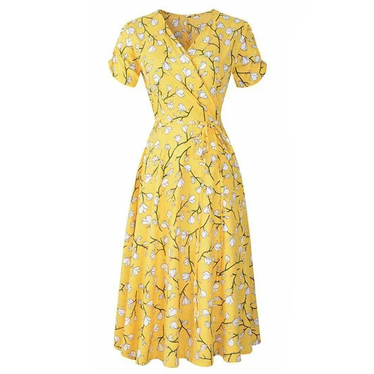 UKAP Boho Women Summer V-Neck Sun Beach Dress Holiday Party Ruffle Sleeve Flowy Dresses Empire Wa... | Walmart (US)