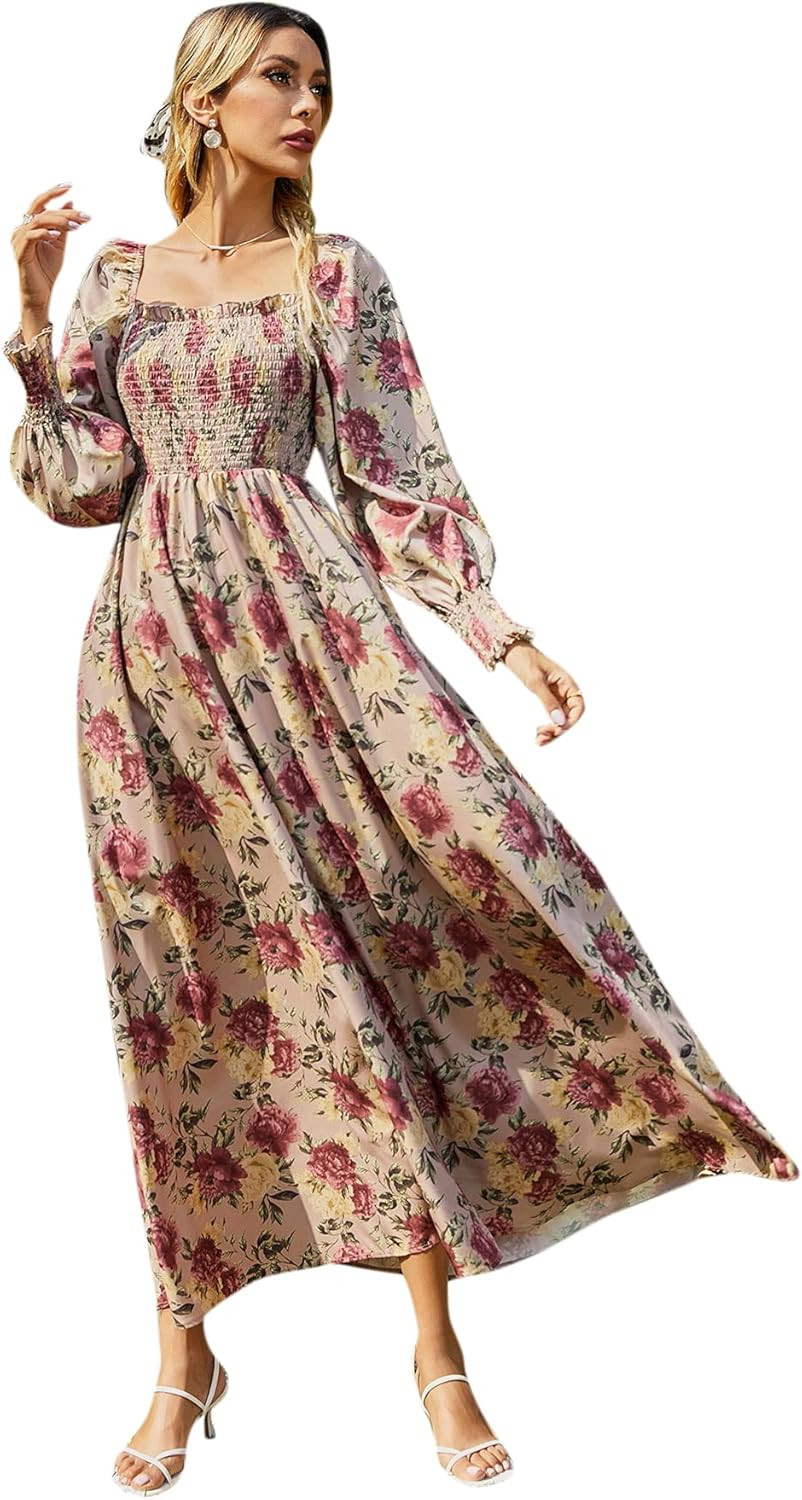 Floerns Women's Summer Floral Print Square Neck Long Sleeve A Line Long Dress | Amazon (US)