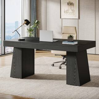 Moronia 55.1 in. Rectangle Black Wood Executive Desk with Double Trapezoid Base, Computer Desk Business Workstation Desk | The Home Depot