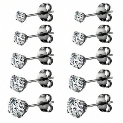 5 Pairs Stud Earrings Set, Hypoallergenic Cubic Zirconia 316L Earrings Stainless Steel CZ Earrings 3-8mm (Steel Color) | SHEIN