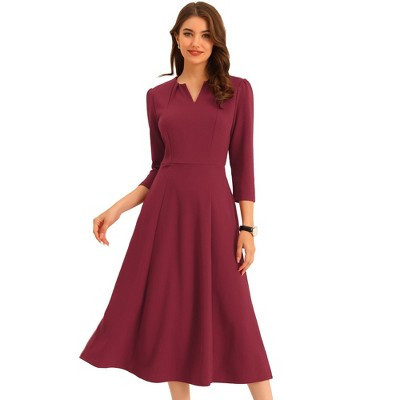 INSPIRE CHIC Women's Elegant Split Neck Side Zipper Pockets 3/4 Sleeve Business A-Line Midi Dress Burgundy X-Large | Target