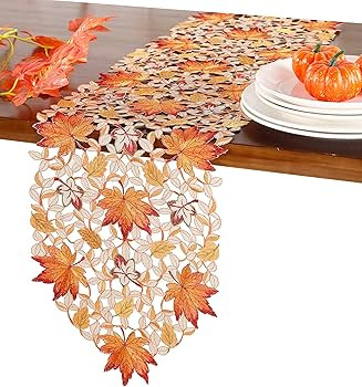 Thanksgiving Harvest Table Runner Embroidered Cutwork Maple Leaves Dresser Scarf Table Cover, Aut... | Amazon (US)