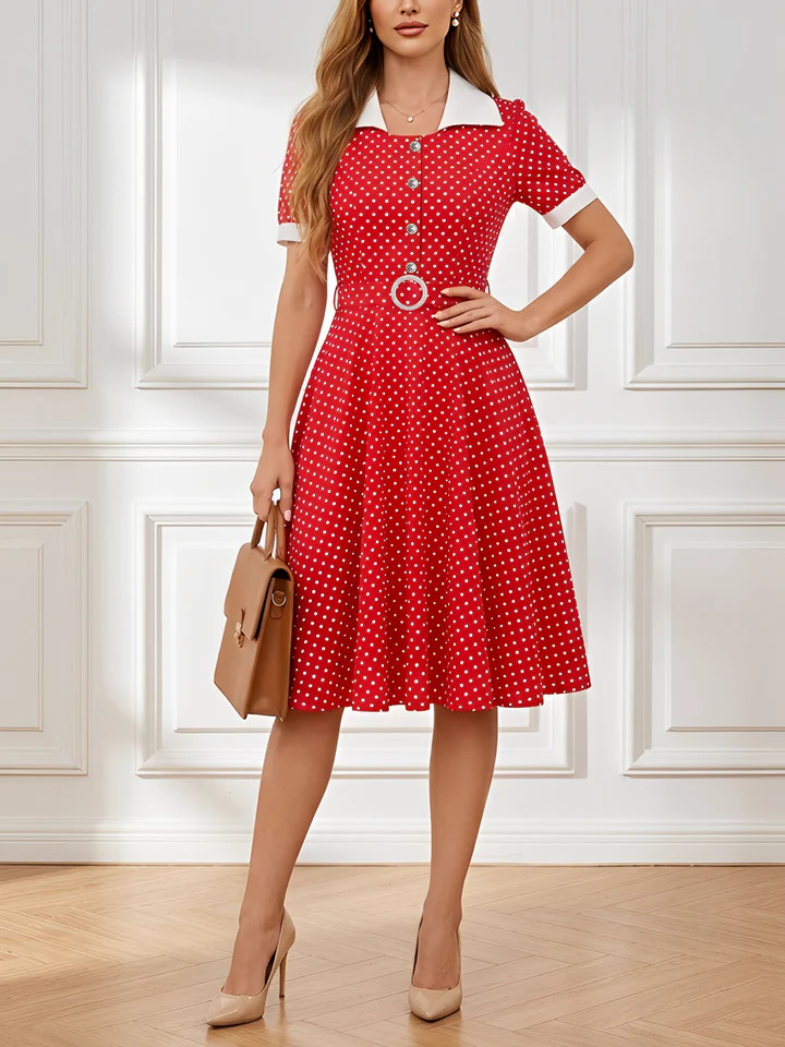 Polka Dots Lapel Button Down Belted Midi Swing Dress | allegra-k