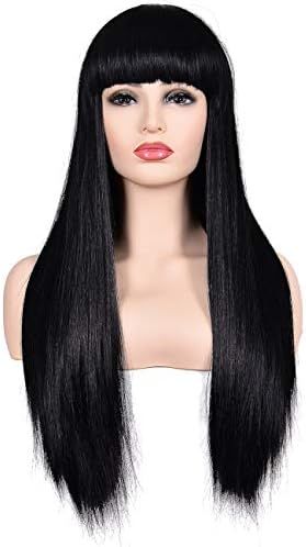 Morvally Women's 26" Long Straight Black Synthetic Resistant Hair Wigs with Bangs Natural Looking Wi | Amazon (US)