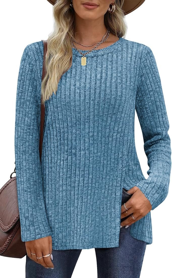 Long Sleeve Tunic Tops for Women Crew Neck Side Split Hem Womens Tunic Sweater Fall Winter | Amazon (US)