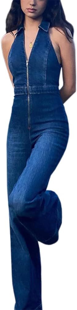 Denim Jumpsuit for Women Sexy Slim Fit Zipper Sleeveless V-Neck High Waist Fashion Jean Pants Rom... | Amazon (US)