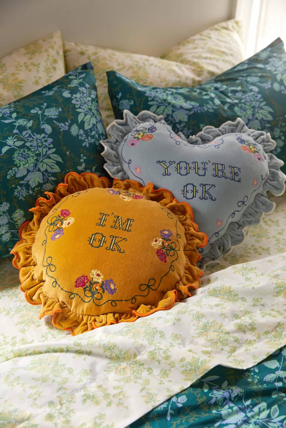 Velvet Text Ruffle Round Throw Pillow | Urban Outfitters (US and RoW)