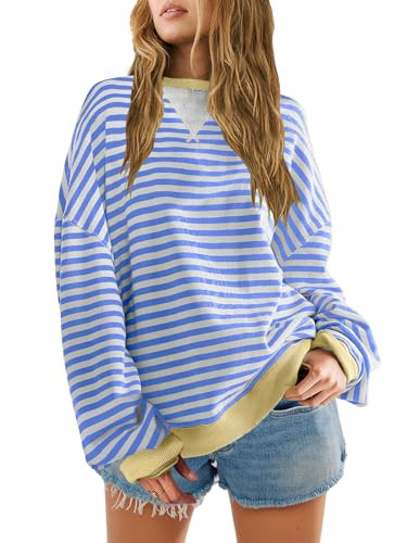 SENSERISE Womens Oversized Classic Striped Crewneck Sweatshirts Long Sleeve Color Block Shirts Ca... | Amazon (US)
