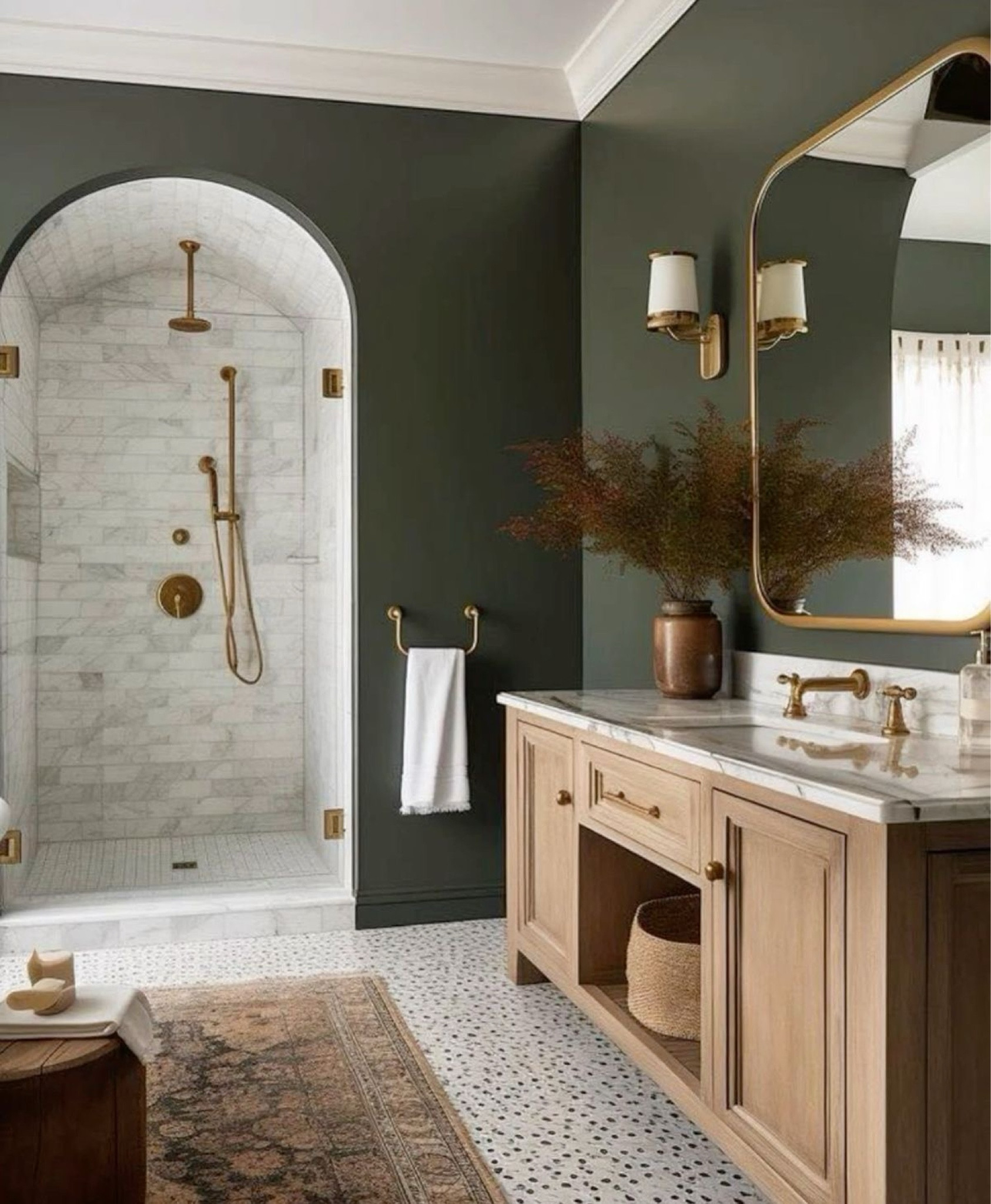 Black Forest Green paint by Benjamin Moore
@jtcointeriors 

Gorgeous green bathroom, bathroom renovation ideas, tile shower, bathroom inspo, bathroom renovation inspiration, bathroom inspiration, dark green bathroom, gold shower head, beautiful bathroom, new build 