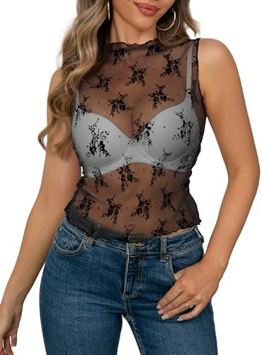 AISEW Womens Sheer Mesh Tank Tops Mock Neck Summer Lace Sleeveless Camisole Y2K Crop Tank Shirt | Amazon (US)