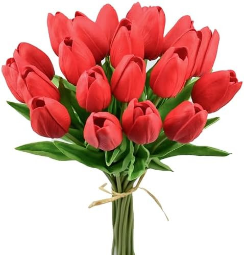 Mandy's Artificial Tulips 20 Stems Red PU Faux Flowers for Valentine's Day and New Year Decoratio... | Amazon (US)