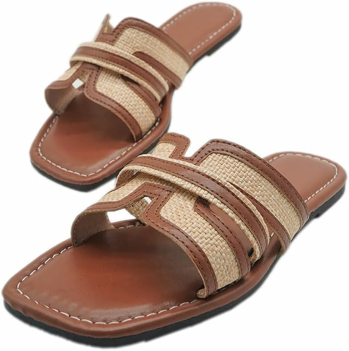 Women's Fashion Comfortable Square Open Toe H-Band Slide Sandals Slip On Flat Slippers Sandals Ca... | Amazon (US)