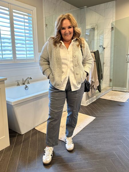 These spanx stretch twill pants are a great option to jeans. A great cold weather weight. Wearing an XL. They are a bit more relaxed than some of the other styles. 10% off with code NANETTEXSPANX 
No iron blouse size 2.5. I sized up for a relaxed fit. 
Cozy cable cardigan size L

#LTKmidsize #LTKfindsunder100 #LTKover40