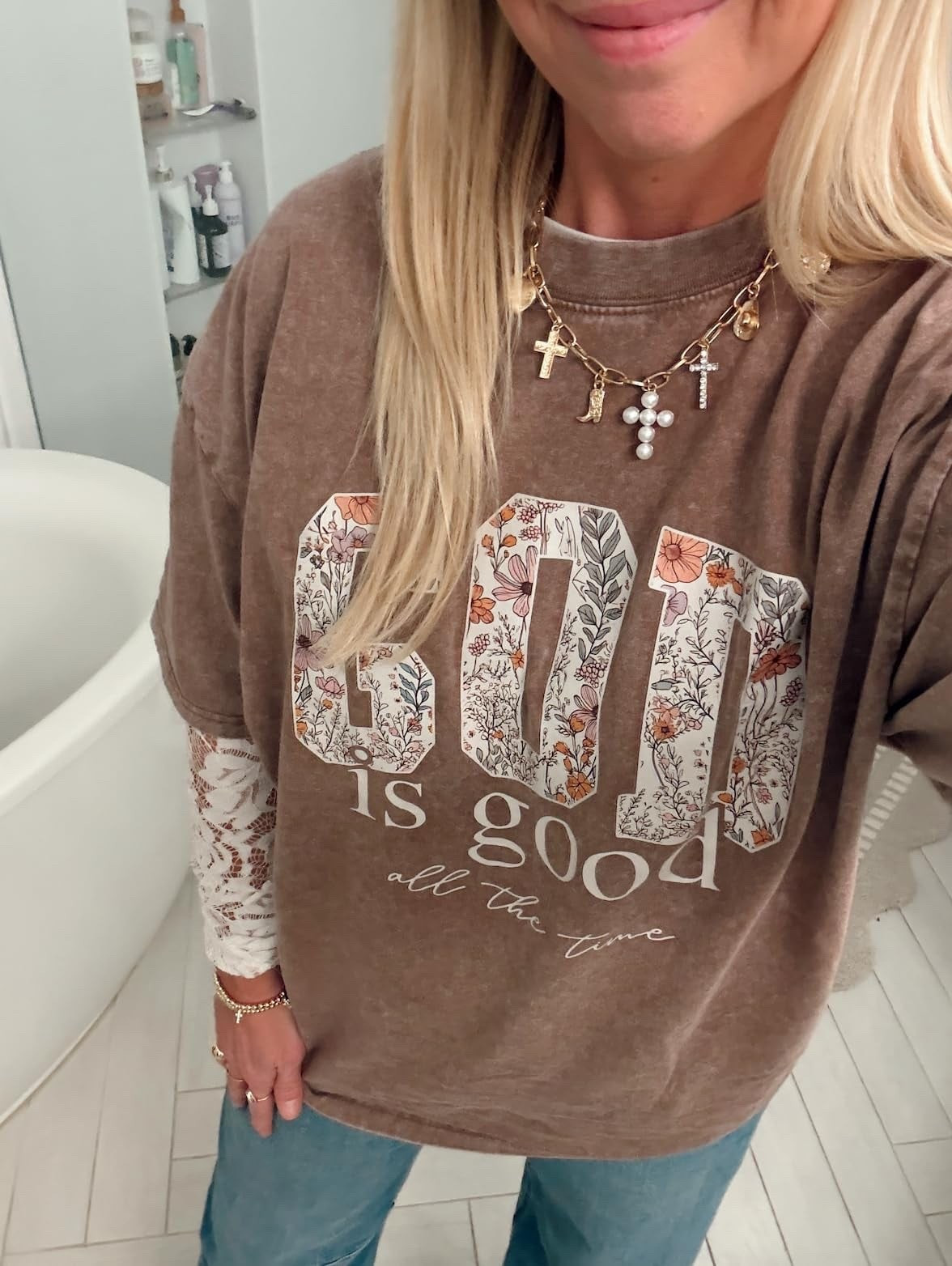 I love my "God is good" t-shirt. The material is great. I sized up to a large but could have done a medium. I layered it with the long sleeve shirt with lace sleeves. I wore barrel jeans - linked similar ones. Shop the look from Amazon !

#LTKmomlife #LTKOver40 #LTKootd