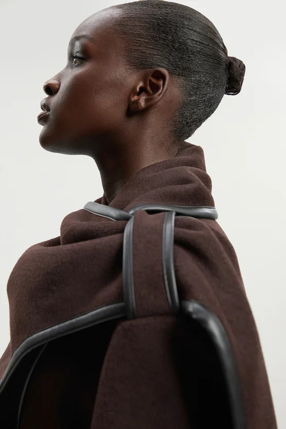 Brushed Wool Pu Mix Scarf Neck Belted Tailored Maxi Coat | Karen Millen UK + IE + DE + NL