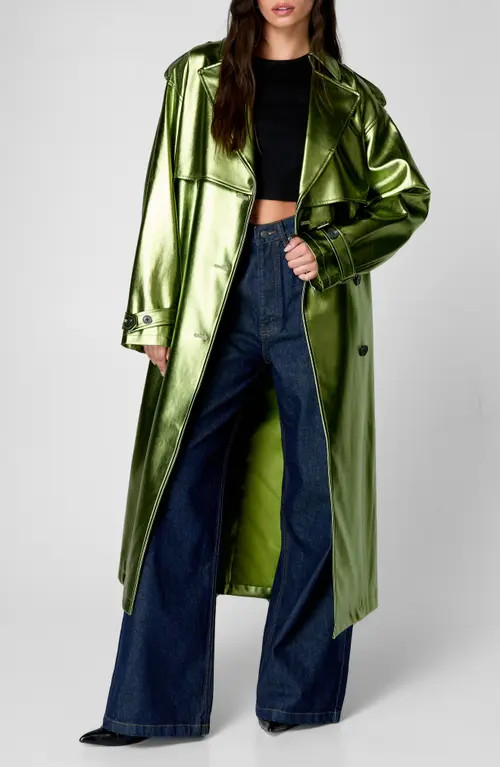 NASTY GAL Metallic Belted Double Breasted Faux Leather Trench Coat in Green at Nordstrom, Size 8 | Nordstrom