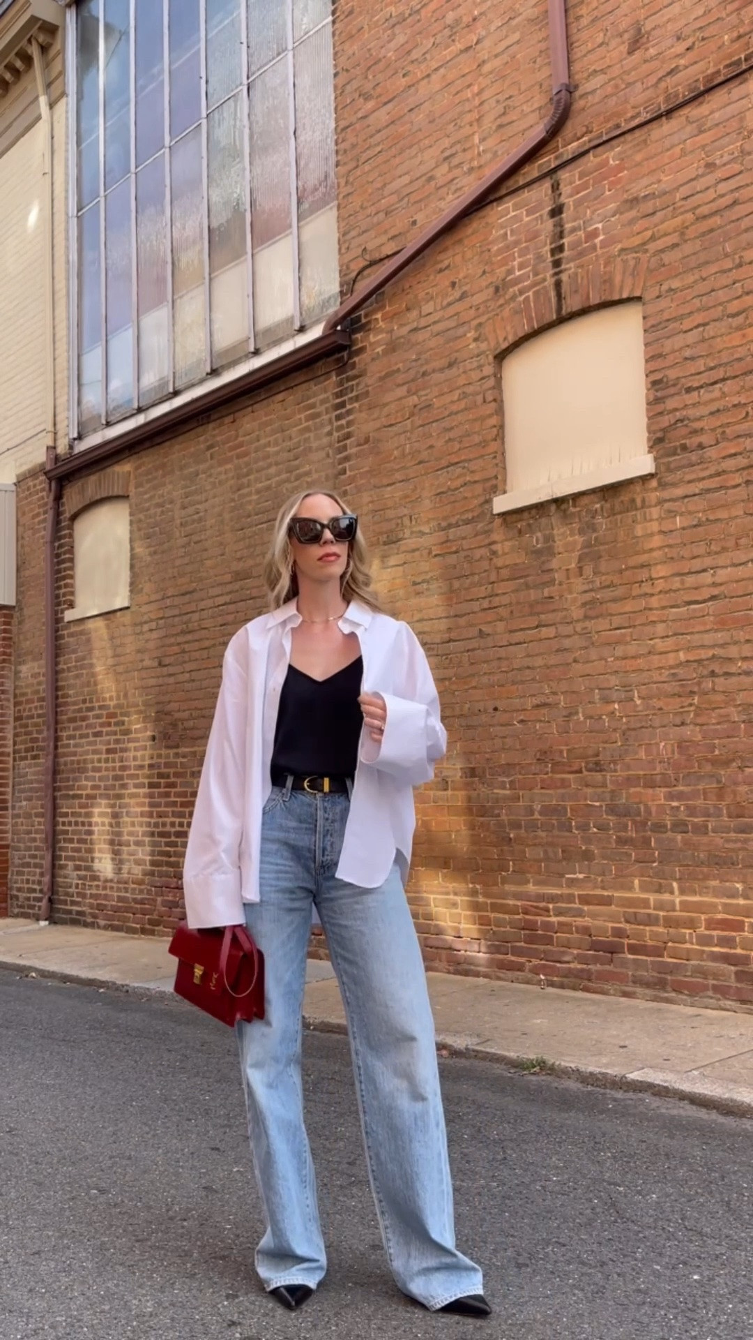 Transitional summer to fall outfit, early fall style, oversized button down with camisole and wide leg jeans

#LTKSeasonal #LTKOver40 #LTKSaleAlert