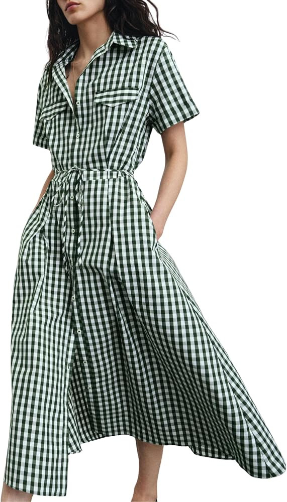 Daacee Women's Gingham Midi Shirt Dress Casual Collared Short Sleeve Tie Belt Button Down Long Co... | Amazon (US)