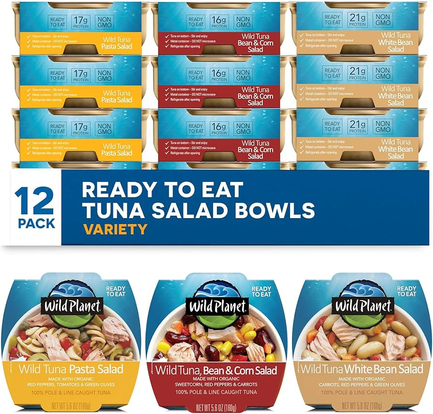 Wild Planet Ready-to-Eat Wild Tuna Salad Variety Pack, White Bean, Red Bean and Corn, and Pasta S... | Amazon (US)