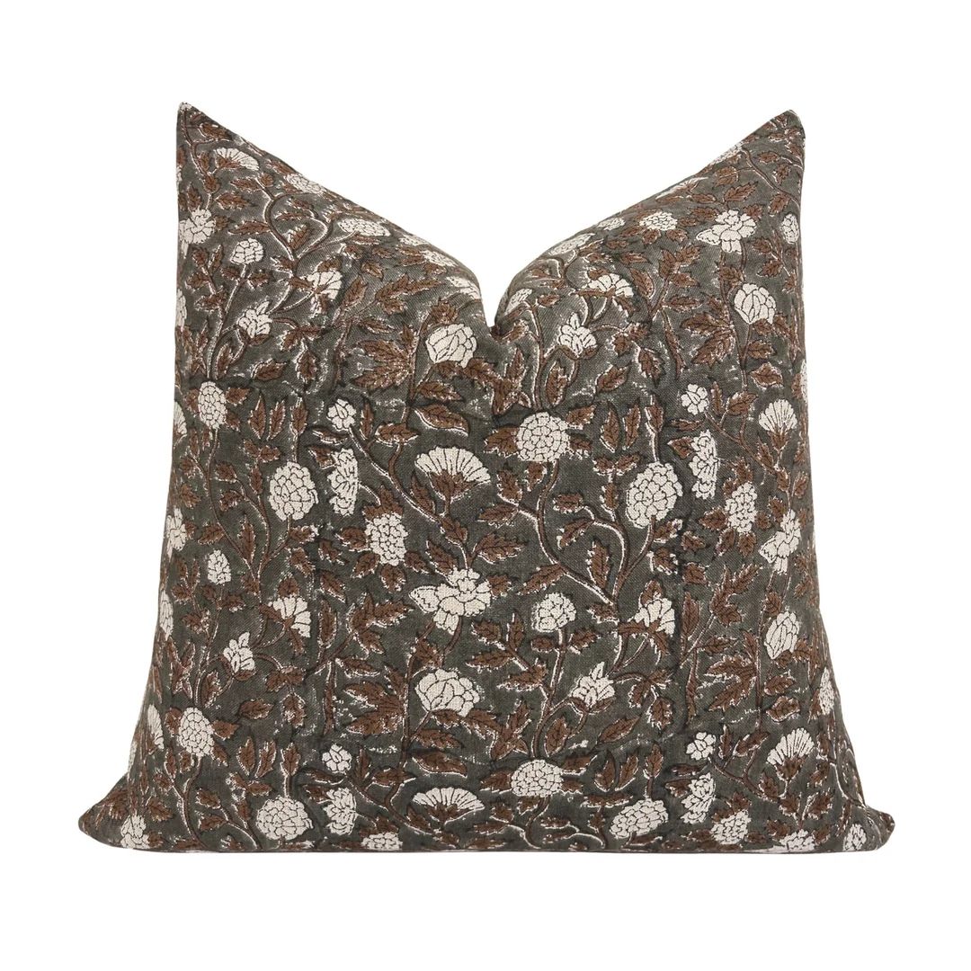 FINLEY Designer Floral Linen Pillow Cover, Brown and Gray Floral Pillow Cover, Block Print Linen ... | Etsy (US)