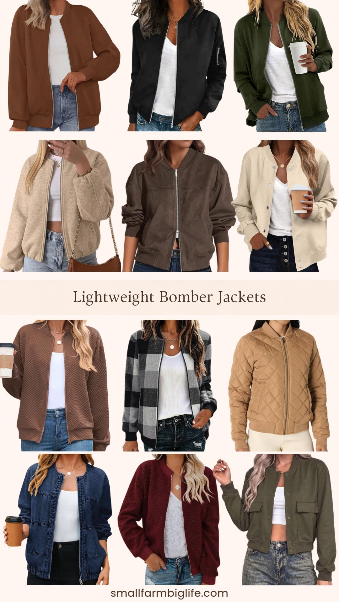 Bomber jackets are having a major moment this fall and this edit rounds up all the best lightweight styles worth adding to your rotation.

Starting with prints: a black and white plaid flannel bomber that is perfect for cooler days, and a dark blue collarless denim bomber with a loose crew neck fit for an easy layered look.

For classic varsity styles: a champagne button down bomber with pockets, an army green button down varsity shacket, and a brown textured bomber that feels trendy without trying too hard.

Zip up options include an army green windbreaker style jacket with pockets, a black solid color zip up coat, and a beige bomber with pockets that works for fall into winter.

For something cozier: a wine red faux sherpa fleece bomber that is soft and warm, a chestnut brown loose fit zip up sweatshirt jacket, and a dark brown faux suede bomber with a stand collar and pockets for an elevated fall look.

Rounding it out is this camel quilted jacket in a regular fit, a great neutral option for everyday wear.

#bomberjacket #fallcoats #varsityjacket #falljacket #zipupjacket 

 #LTKgrwm #LTKootd #LTKOver40