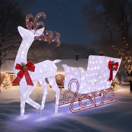 Outdoor Yard Decoration Reindeer and Sleigh, 200 led Lighted White Christmas Reindeer Sleigh, Chr... | Amazon (US)