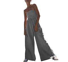 Feager Women's Oversized Strapless Off Shoulder Tube Top Jumpsuits Casual Wide Leg Long Pants Jum... | Amazon (US)